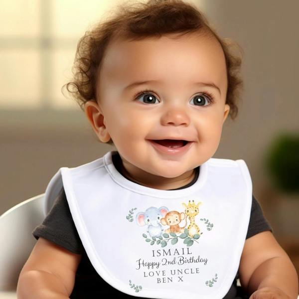 Personalised Boys Safari Animals Baby Grow, Vest or Bib with Name