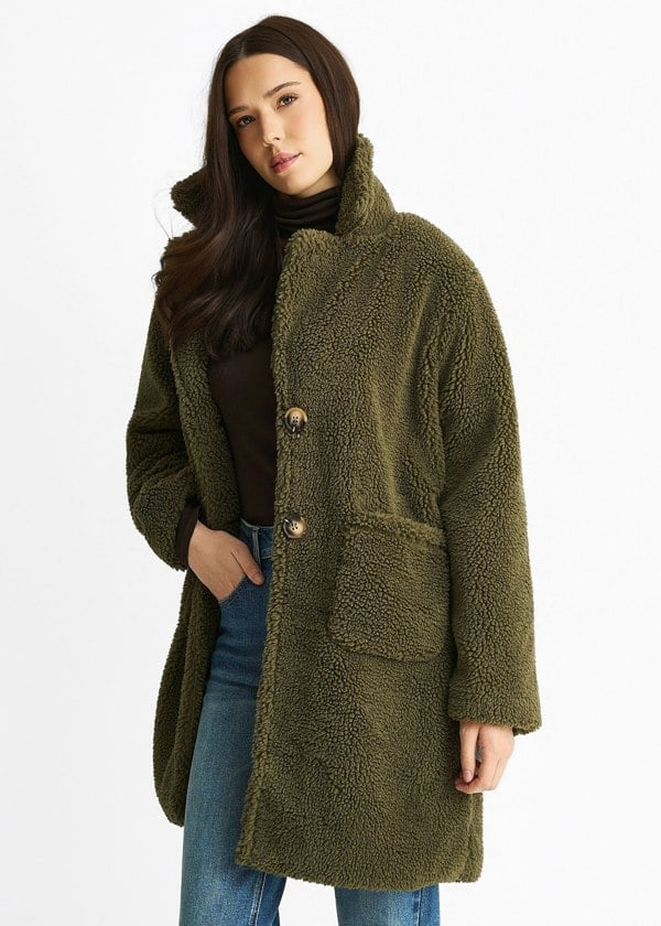 Gini London Khaki Faux Fur Longline Teddy Overcoat