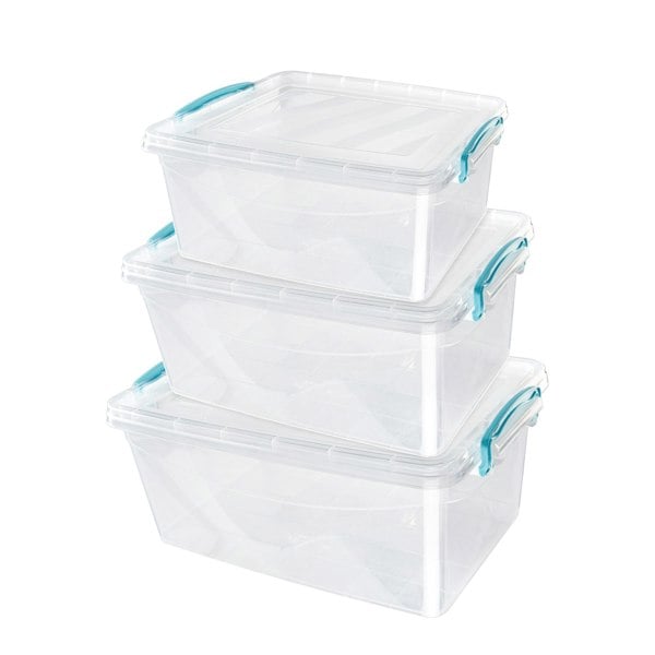 JVL Plastic Clip Lidded Food Storage Box, Stackable & Nestable, Set of 3, 5L, 8.5L, 13.5L