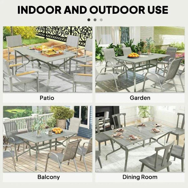 Rectangle Garden Table with Parasol Hole, Outdoor Dining Table for 6, Patio Table for Balcony, 150cm x 90cm, Light Grey