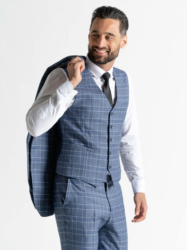 V2 Classic Kensignton Three Piece Suit - Light Blue with White and Blue Checks