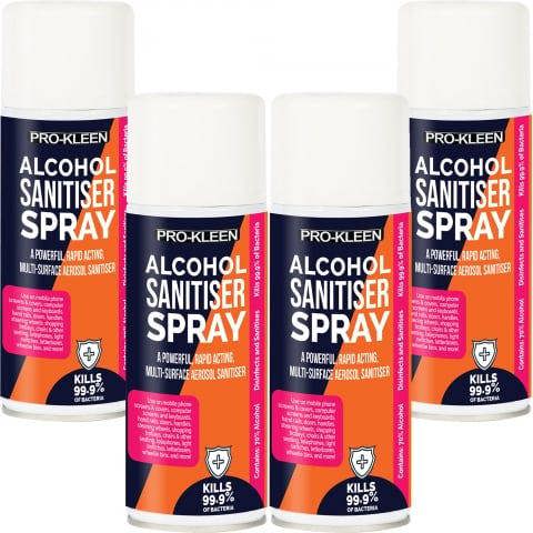 ProKleen Pro-Kleen Sanitiser Spray Antibacterial 400ml x4 Kills 99.9% Bacteria Perfect for Phones, Worktops, Trolleys, Keyboards