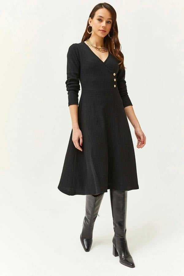 Hoxton Gal Double-Breasted Midi A-Line Dress with Button Details