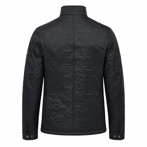 Back view of a black Barbour International Tourer Ariel quilted jacket with a stand collar and buttoned cuffs.