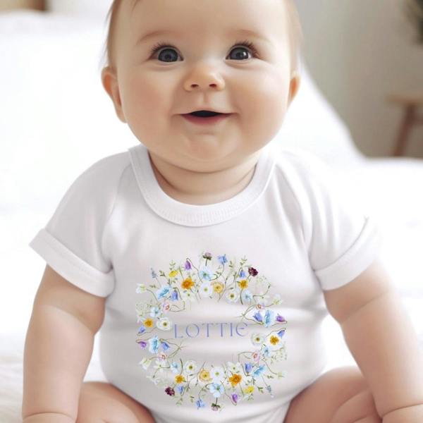Personalised Baby Girl Spring Flowers Baby Grow, Vest or Bib with Name
