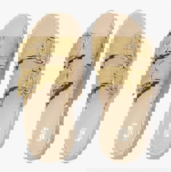 FitFlop F-MODE BUCKLE SHIMMERLUX FLATFORM TWO-BAR Womens Slides Platino