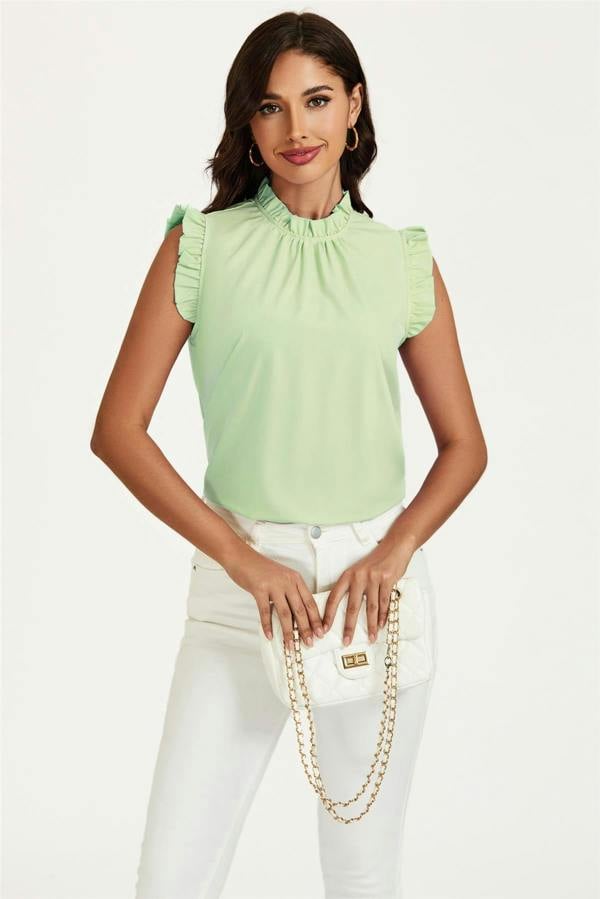 FS Collection Frill Trim Sleeve Frill Neck Blouse Top In Light Green