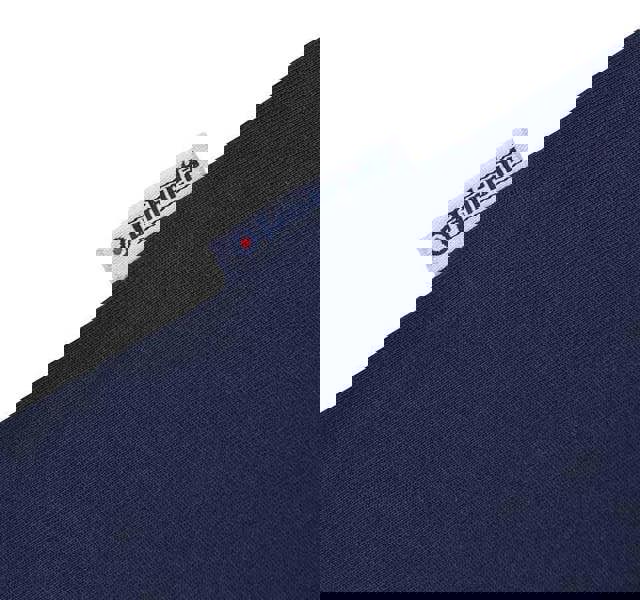 Lambretta Mens Festival Ringer Casual Retro Soul SKA T-Shirt, close-up of the navy blue fabric and Lambretta branding tag.