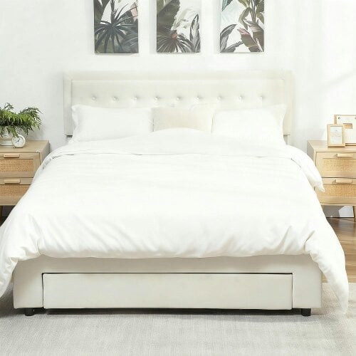 Wyld Haus Zina 5FT King Size Ottoman Bed Frame with Front Divan Drawer Storage Cream