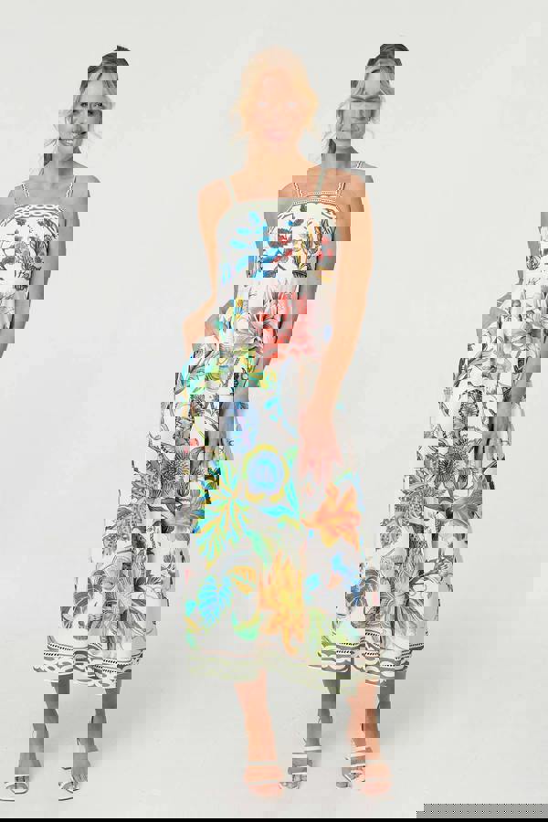 White | Tropical Print Cami Strap Maxi Dress