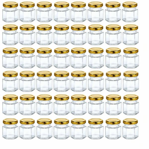 ATEK 48 Pack 45ml Mini Hexagonal Glass Jars with Gold Lids for Honey Jam Spices