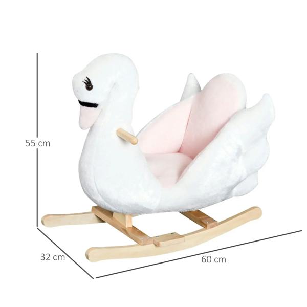 White plush swan rocking ride-on with pink padded seat and wooden rockers