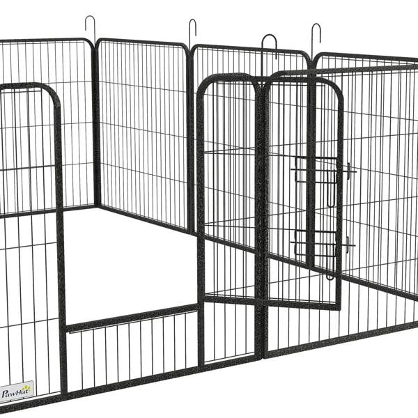 Grey wire puppy playpen corner with latch and hinged gate detail