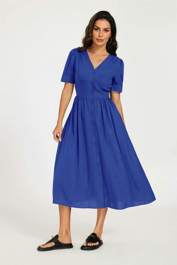 FS Collection Button Front Short Sleeve Midi Dress In Blue