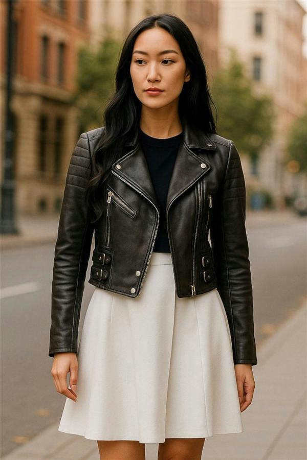 Infinity Leather Womens Cropped Brando Leather Biker Jacket-Damascus
