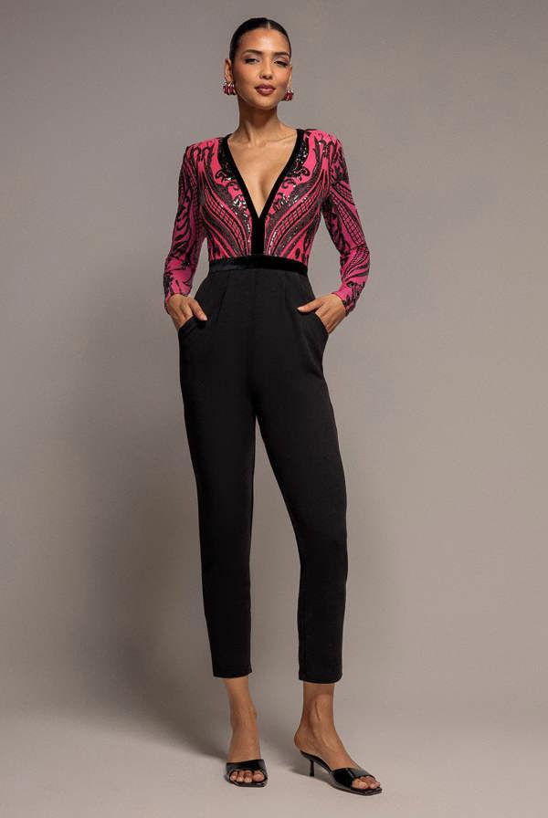 Deep V Neck Sequin Embroidered Jumpsuit - Cerise TR123