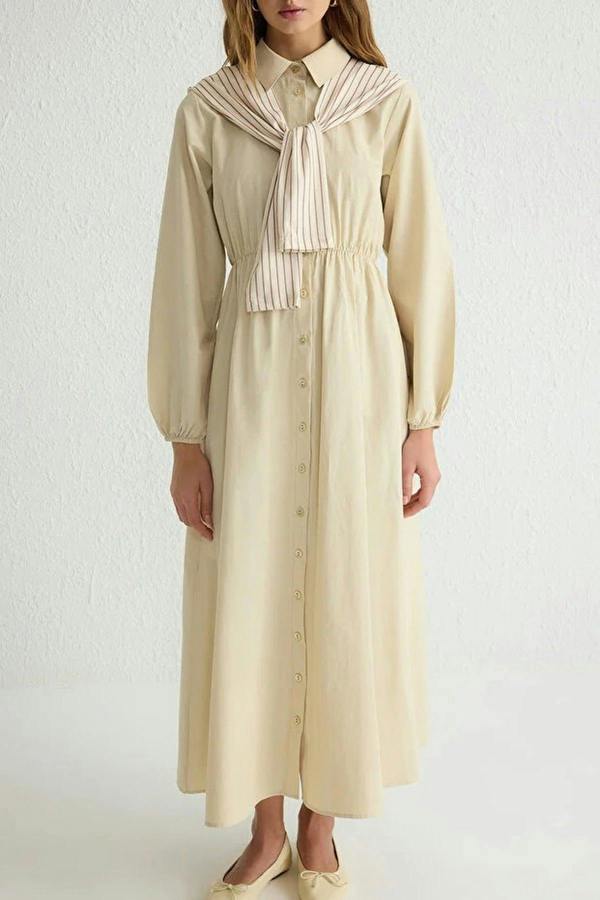 Striped Shirt Collar Long Sleeve Midi Dress with Scarf Detail