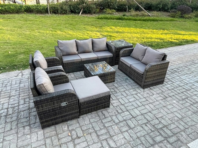 Fimous 8 Seater Garden Furniture Set Rattan Outdoor Lounge Sofa Chair With Tempered Glass Table Big Footstool Side Table Dark Grey Mixed