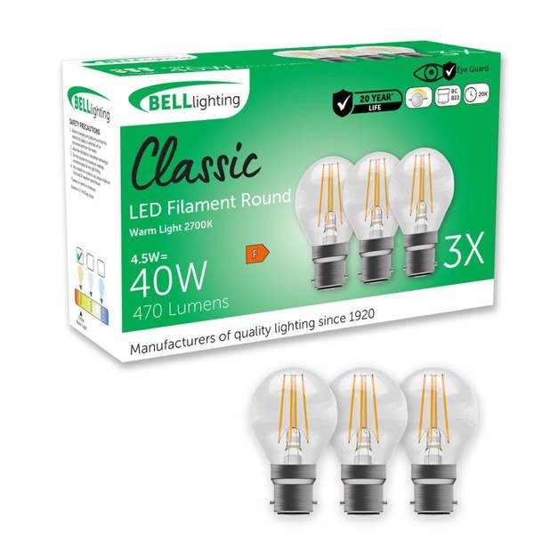BELL Lighting B22 Dimmable Filament LED Golf Ball Bulbs, Warm White 2700K ,  4.5W , 40W Halogen Replacement , Bayonet Cap