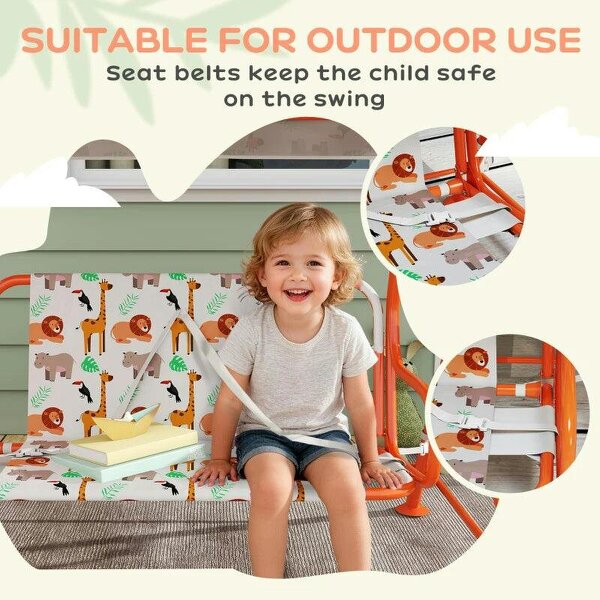 Kids Porch Swing, 2-Seater Patio Swing Bench Hammock with Seat Belts, Adjustable Canopy for Garden, Orange