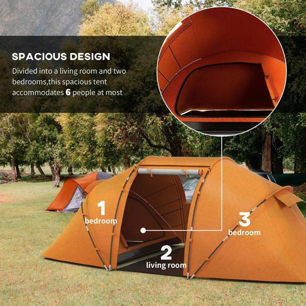 Orange tunnel-style camping tent with arched entrance and two bedroom compartments