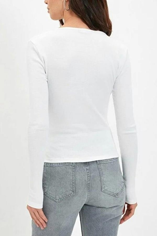 WOVCOR Double Breasted Collar Long Sleeve Ribbed Knit Blouse