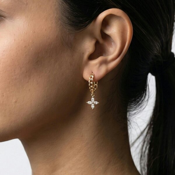 Uchi & Soto Kinmokusei Gold Flower Drop Chain Hoop Earrings