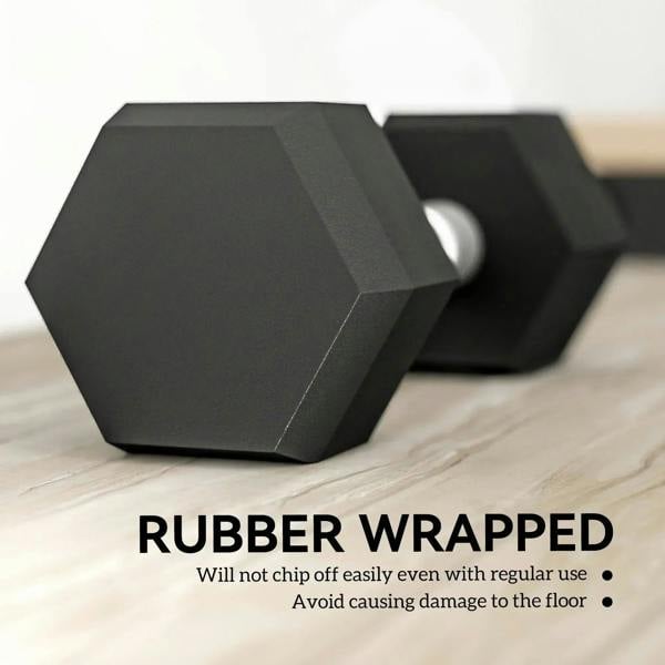 Black hex rubber dumbbell with chrome handle, close-up