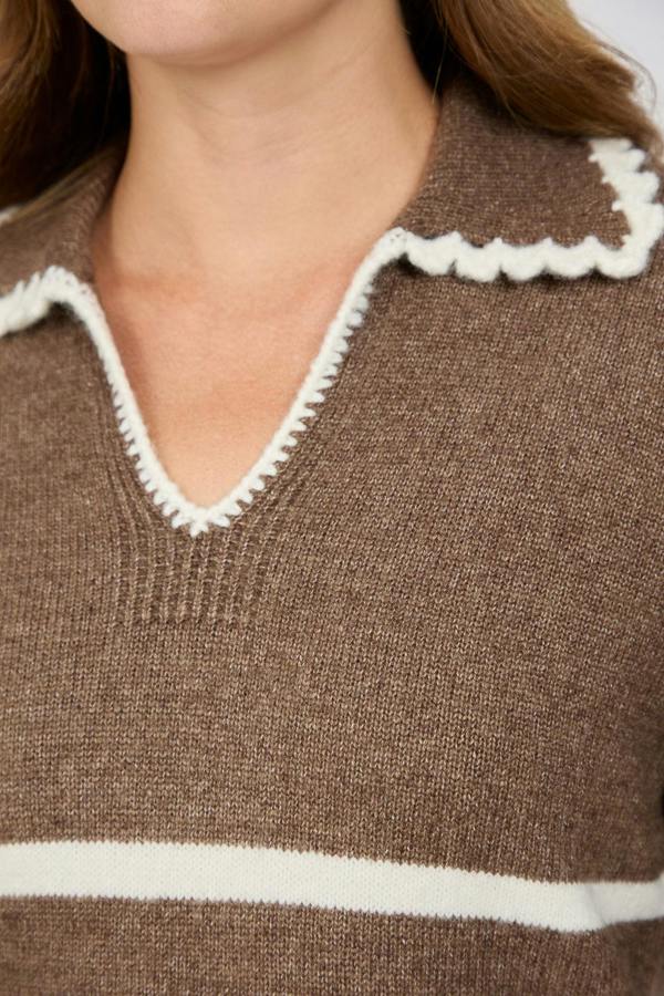 Mudflower Crochet Trim Collared Stripe Knit Jumper