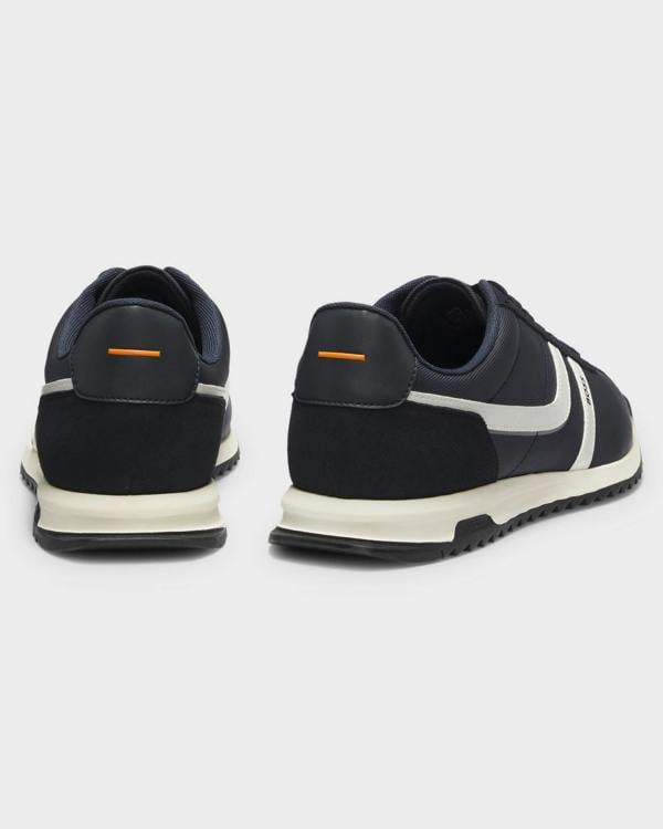BOSS Orange Zayn Mens Low-Top Trainers with Faux-Leather Trims - Dark Blue 401 | CHO | Designer Mens Trainers