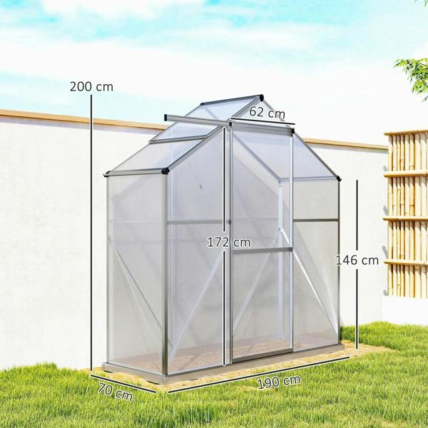 Walk-in polycarbonate greenhouse frame with roof panels and side panels, with dimensions shown