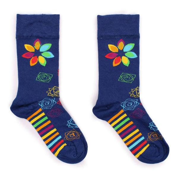 Navy bamboo socks with multicolor rainbow chakra floral and striped accents