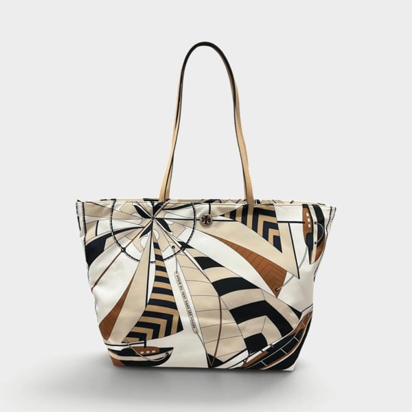 Tory Burch Nylon Printed Tote Bag Beige Sailboat