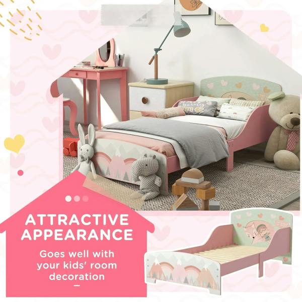 Pink toddler bed frame in a child room with illustrated headboard, footboard, and side rails