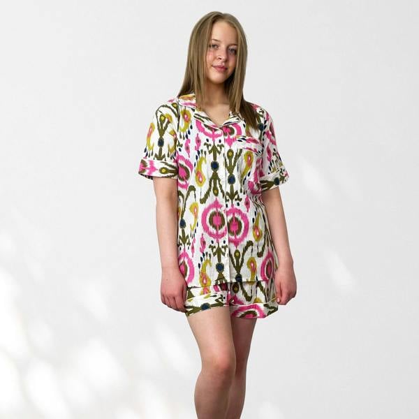 Hayley & Co Ikat Print 100% Cotton Short Pyjama Set in White and Print