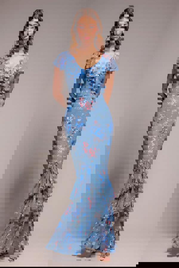 Floral Printed Chiffon Ruffle Maxi - Blue DR3750