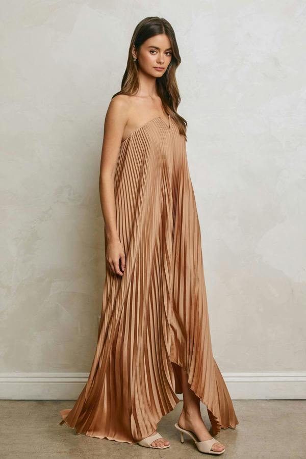 BALOU Womens Satin Pleated Maxi Dress