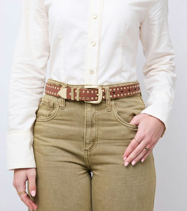 Votch Ayla Vegan Bio-Based Bamboo Western Studded belt in brown