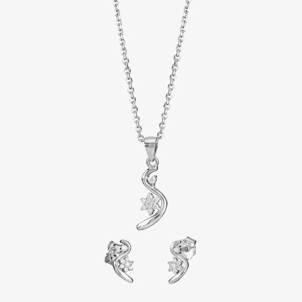 T. H. Baker Silver Cubic Zirconia Swirl Flower Pendant and Earring Set E614543+P613937