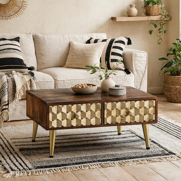 Wyld Haus Beijing Mango Wood Coffee Table 2 Drawers Gold Geometric Pattern