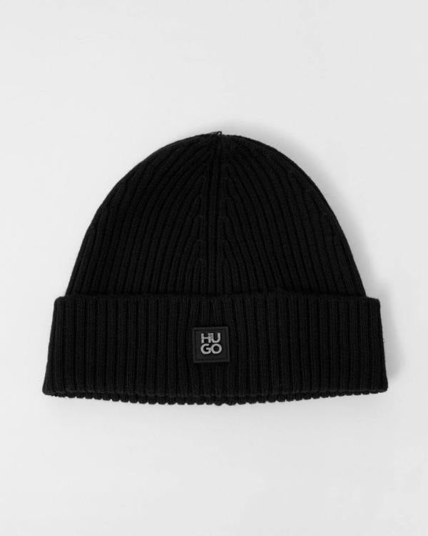 HUGO Xola Metal Mens Virgin-Wool Beanie Hat with Stacked Logo 