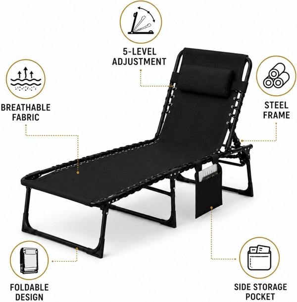 Foldable Sunbed Lounger-Black image 3