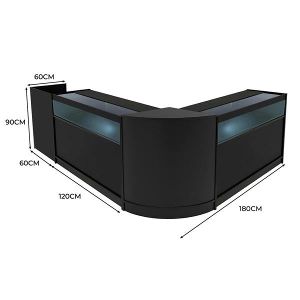 Luna LED Shop Counter Set in sleek black, featuring curved design, glass display tops, and dimensions of 60cm, 120cm, and 180cm
