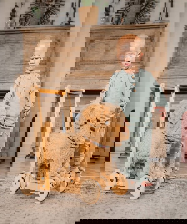 Little boy next to dexter dog walker baby toy 