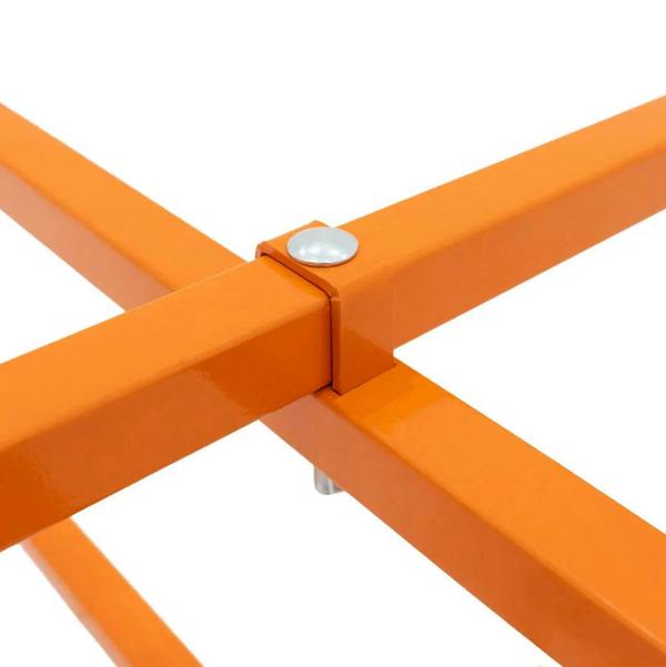 Bright orange metal mortar board stand with a sturdy cross design, featuring a smooth finish and secure bolt connection for stability