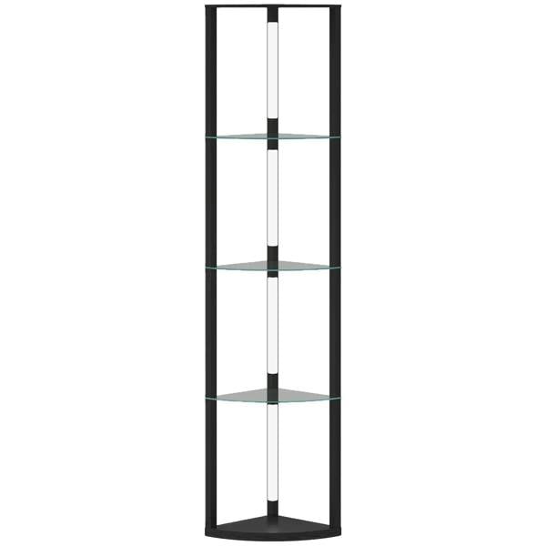 Black LED floor lamp with three circular glass shelves and vertical light column