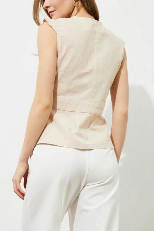WOVCOR Double-Breasted Woven Blouse with Bone Button Detail