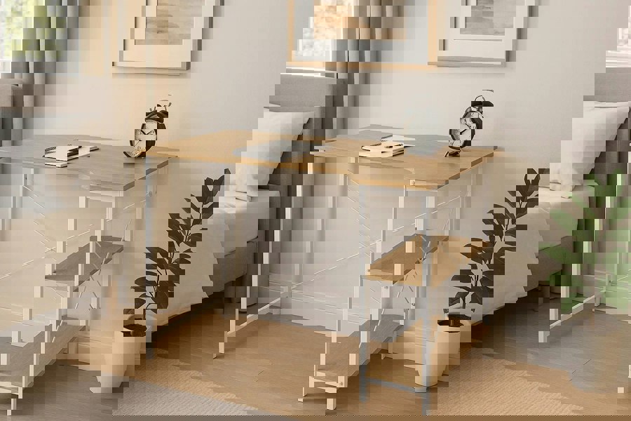 Modern L-shaped light oak and white computer desk with two shelves for home office or gaming setup

