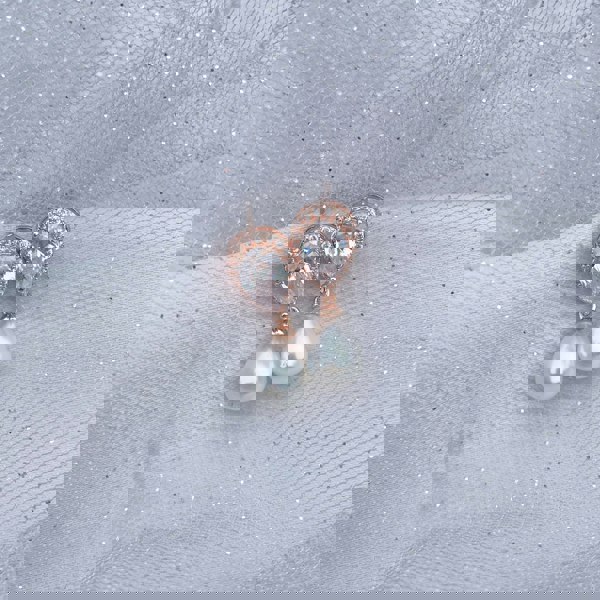 Pearl drop earrings, small rose gold diamanté earrings, elegant jewellery for women
