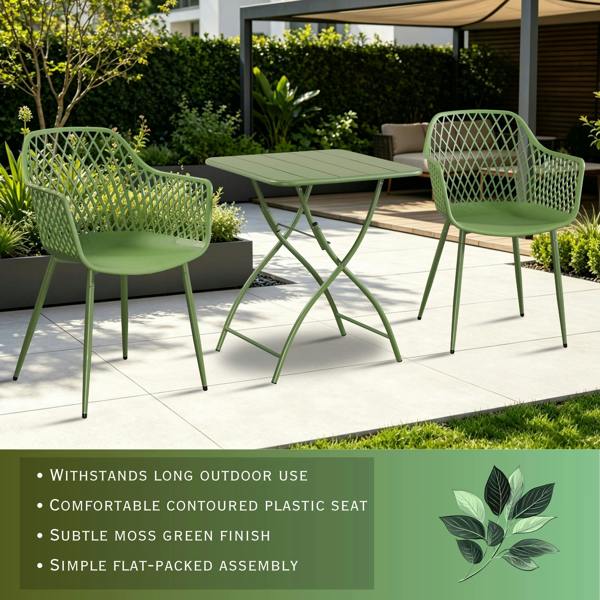 Core Products 3 Piece Bistro Garden Set, Pair Of Lattice Armchairs & Square Metal Folding Table, Moss Green